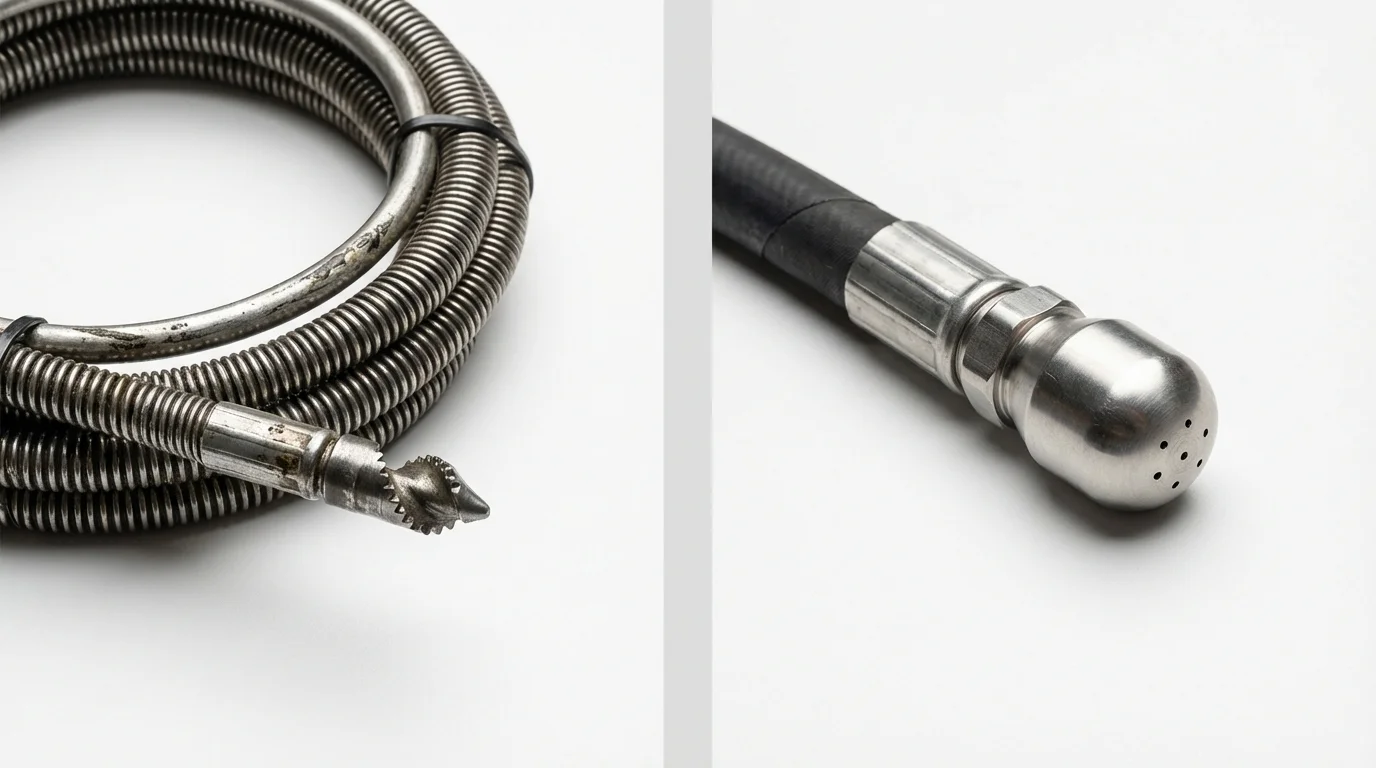 Drain snake cable and hydro jetting nozzle used for drain cleaning in Louisville, MS