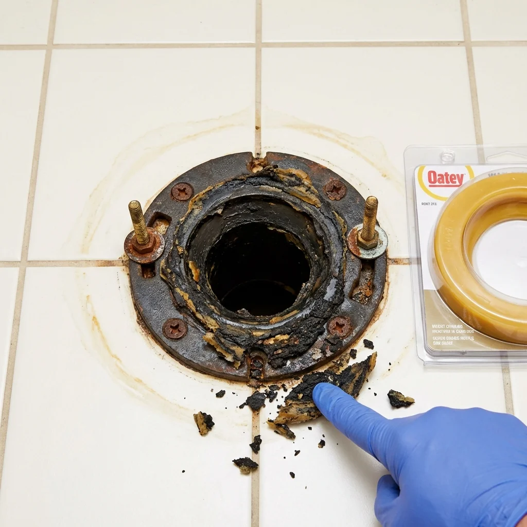 Failed wax ring showing water seepage at the base of a toilet in a Louisville, MS home