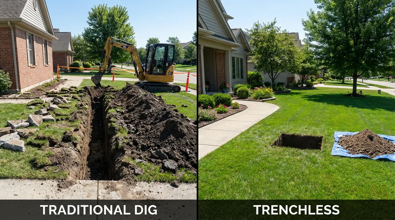 Trenchless sewer repair with minimal yard damage versus traditional excavation in Louisville, MS