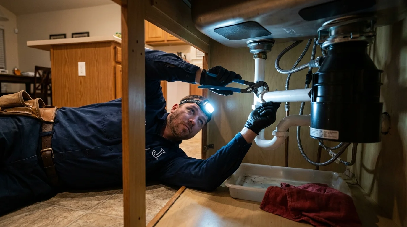 P-trap and supply line connections under a kitchen sink showing a common leak point in Louisville, MS